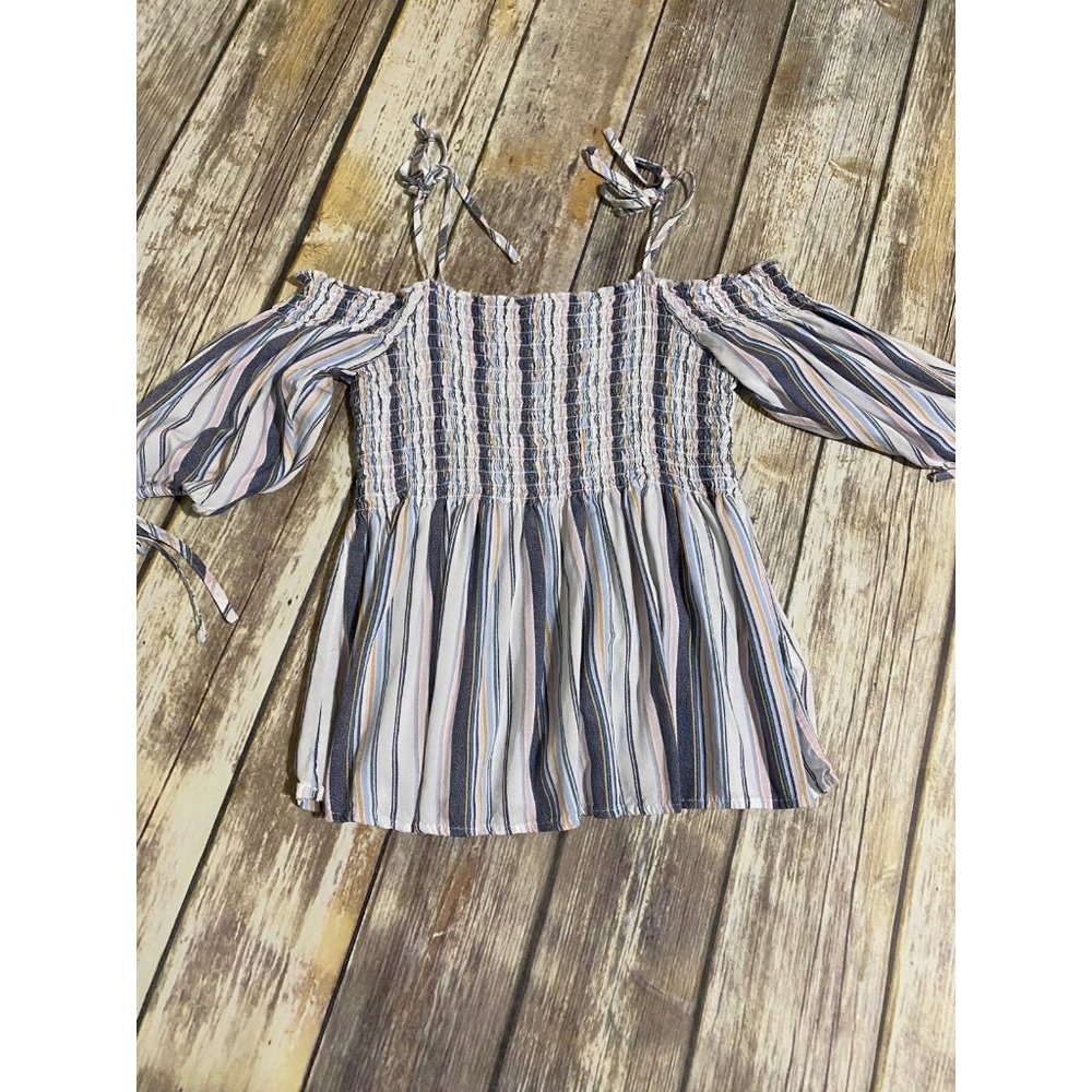 Aeropostale Striped Smocked Off Shoulder Blouse Small